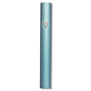 Blue Aluminum Mezuzah Case with Attached Shin in Hebrew,  5" - Made in Israel