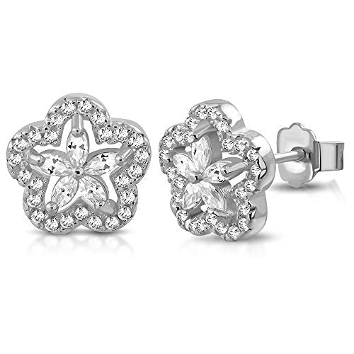 925 Sterling Silver Yellow Gold-Tone White Clear CZ Flower Floral Stud Earrings, 0.40"