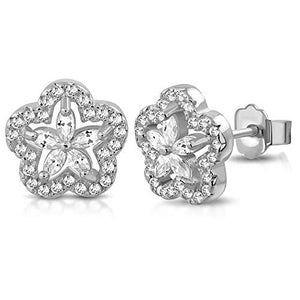 925 Sterling Silver Yellow Gold-Tone White Clear CZ Flower Floral Stud Earrings, 0.40"