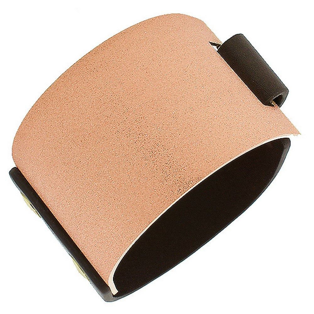 Stainless Steel Brown Leather Rose Gold-Tone Glitter Wide Wristband Bracelet