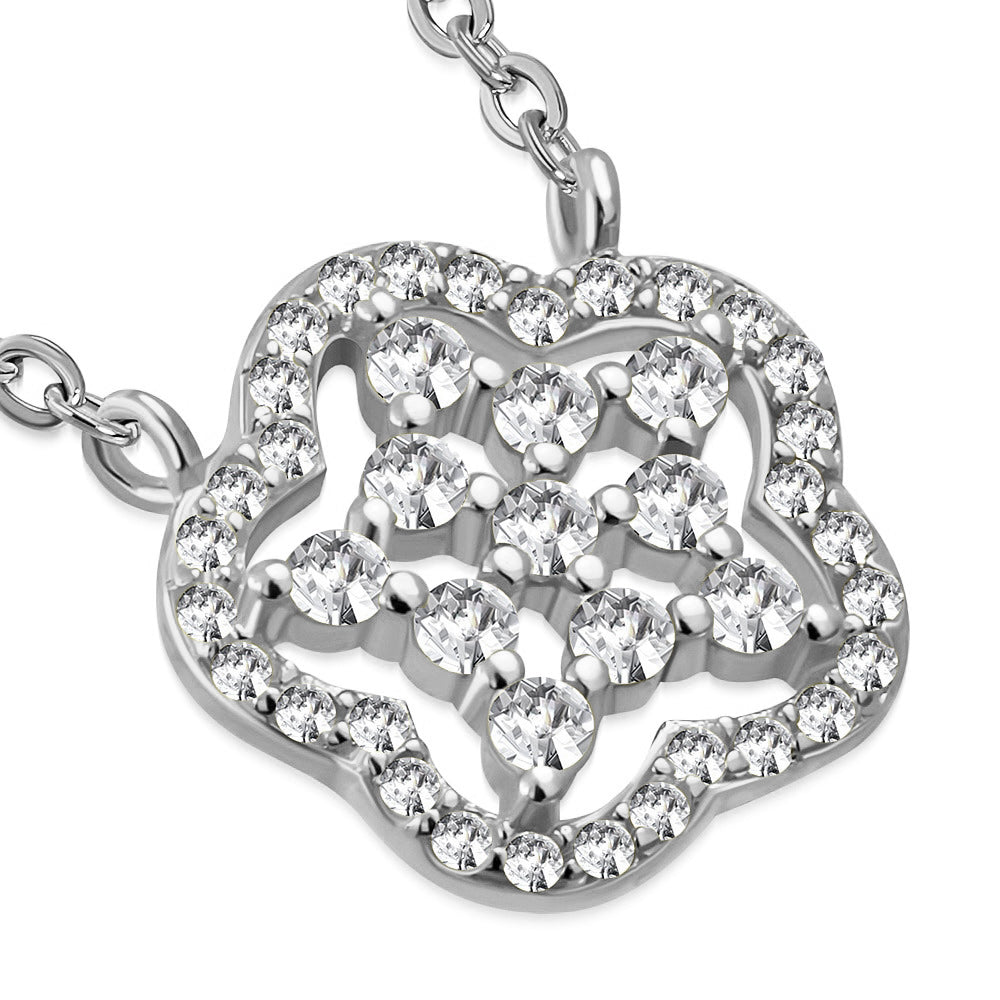 925 Sterling Silver Star CZ Flower Floral Pendant Necklace, 18"