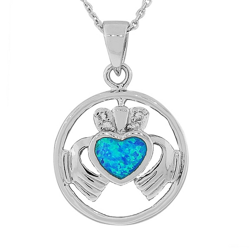 925 Sterling Silver Blue Turquoise-Tone Simulated Simulated Opal Irish Claddagh CZ Pendant Necklace