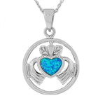 925 Sterling Silver Blue Turquoise-Tone Simulated Simulated Opal Irish Claddagh CZ Pendant Necklace