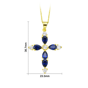 My Daily Styles 925 Sterling Silver Cross with Created Sapphire and CZ Stones Pendant Necklace- Adjustable Chain 16"-18"