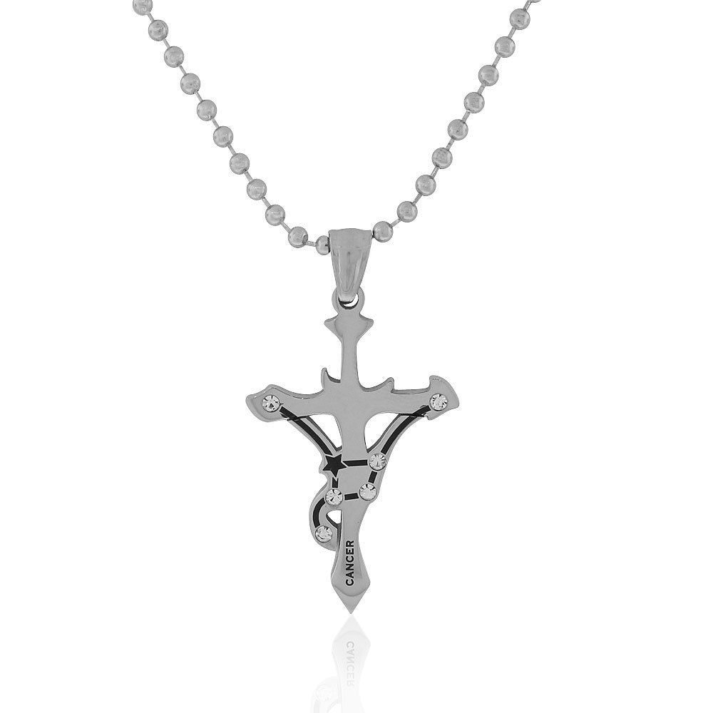 Stainless Steel Silver-Tone White CZ Zodiac Cross Pendant Necklace - Cancer