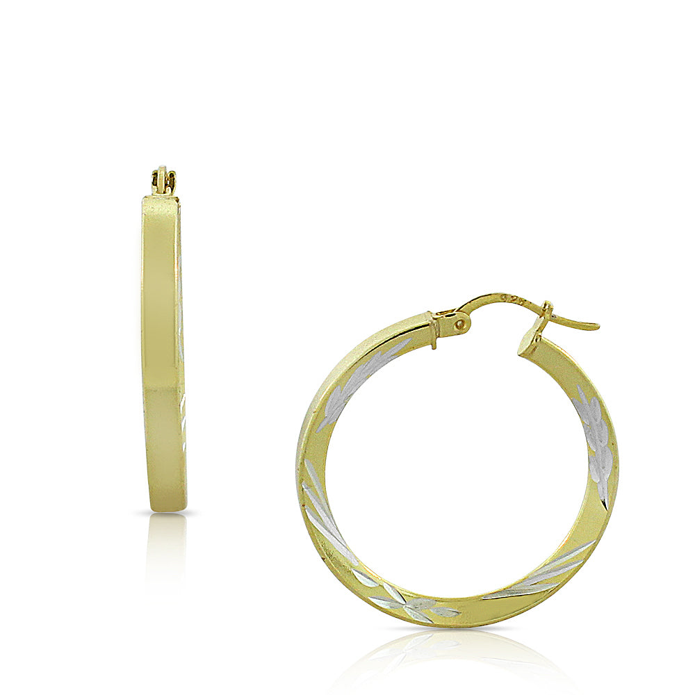 925 Sterling Silver Two-Tone Floral Design Round Hoop Earrings, 0.95"