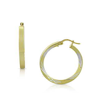 925 Sterling Silver Two-Tone Floral Design Round Hoop Earrings, 0.95"