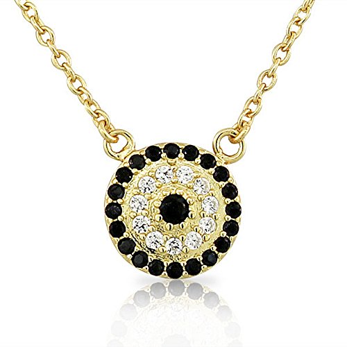 925 Sterling Silver Yellow Gold-Tone White Black CZ Womens Evil Eye Hamsa Pendant Necklace