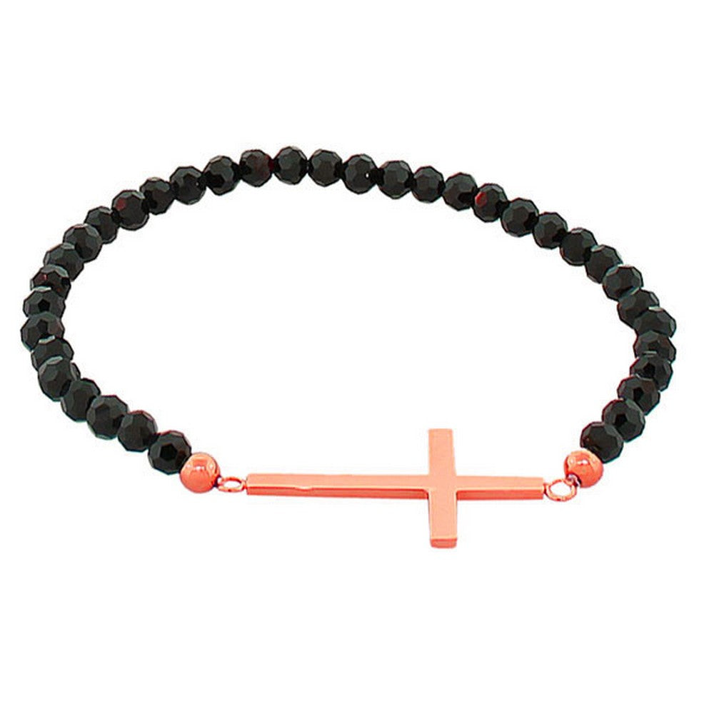 Stainless Steel Stretch Cord Black Simulated Onyx Religious Cross Rose Gold-Tone Beaded Bracelet
