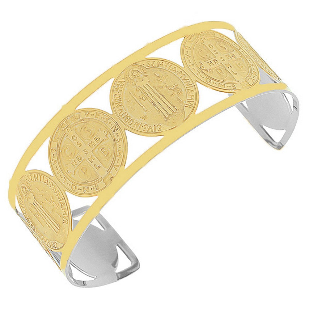 Stainless Steel Yellow Gold-Tone Cross St. Benedict Religious Christian Open End Cuff Bangle