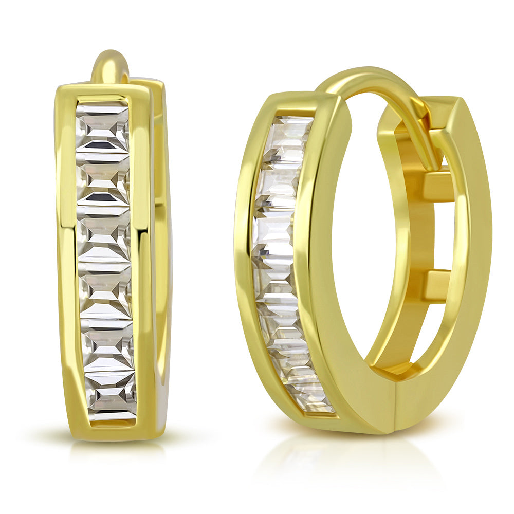 925 Sterling Silver Yellow Gold-Tone Clear Baguette CZ Huggie Hoop Earrings