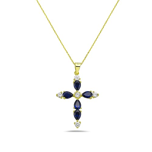 My Daily Styles 925 Sterling Silver Cross with Created Sapphire and CZ Stones Pendant Necklace- Adjustable Chain 16"-18"