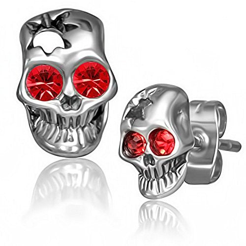 Stainless Steel Silver-Tone White CZ Small Skull Stud Earrings