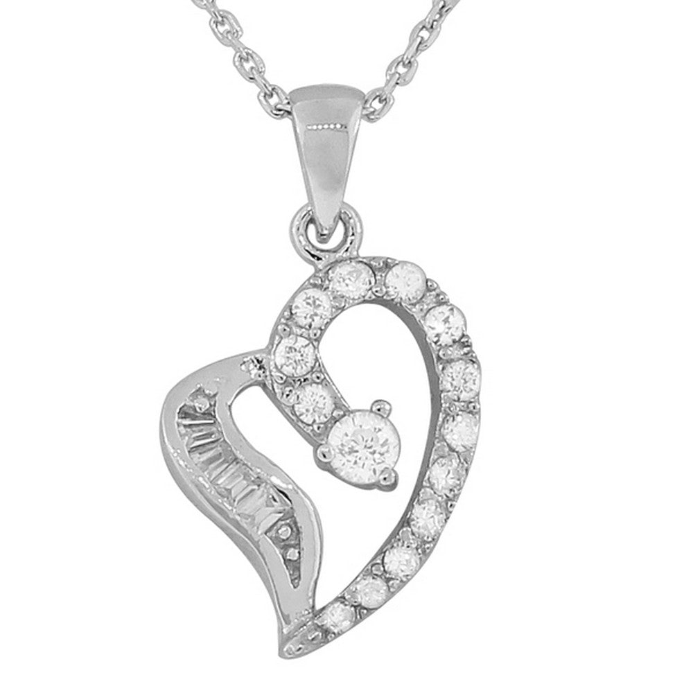 Cubic Zirconia Baguette Heart Pendant Necklace Sterling Silver