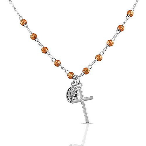 Sterling Silver Rose Gold-Tone Religious Latin Cross Virgin Mary Christian Pendant Necklace