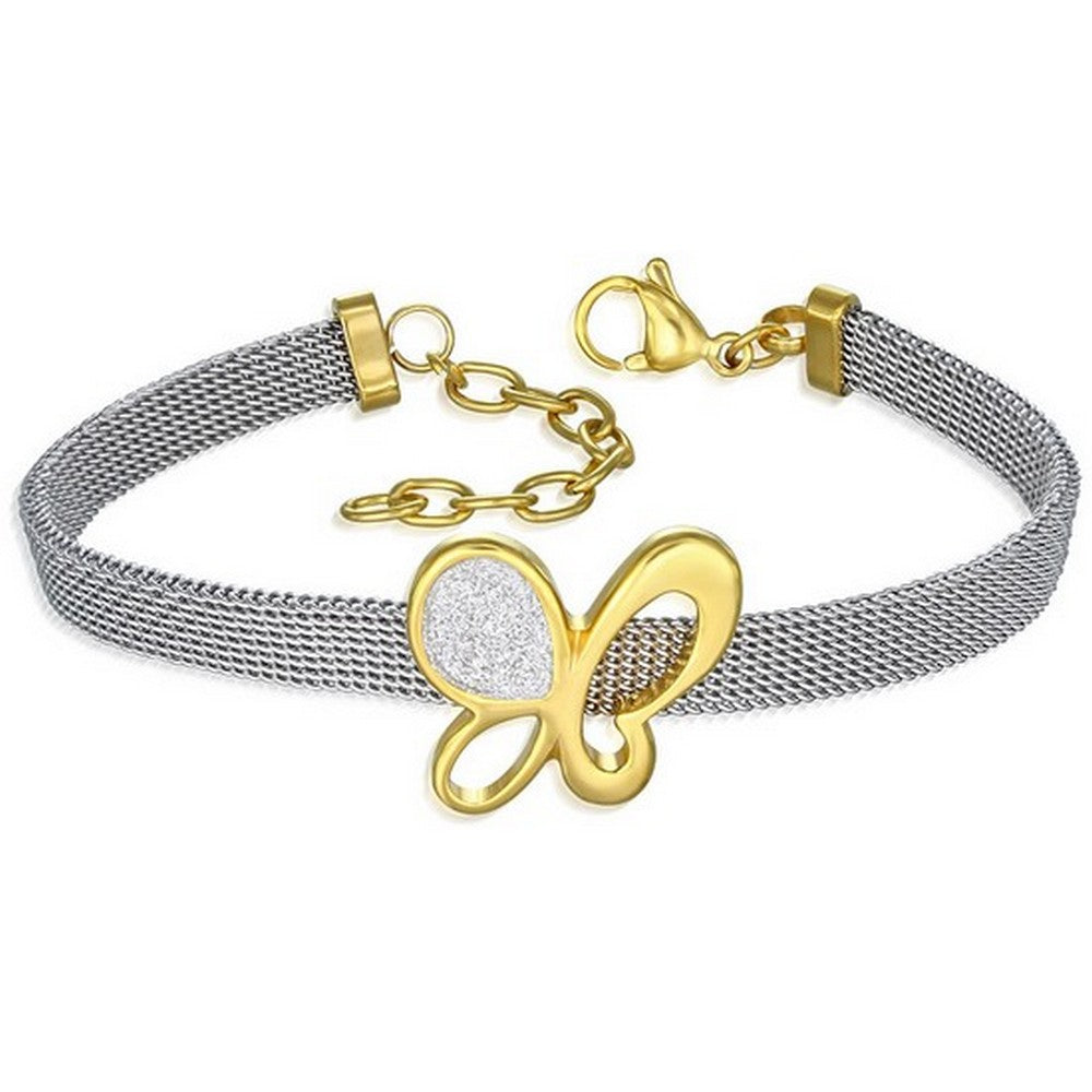 Stainless Steel Silver Yellow Gold-Tone Mesh Butterfly Adjustable Womens Bracelet