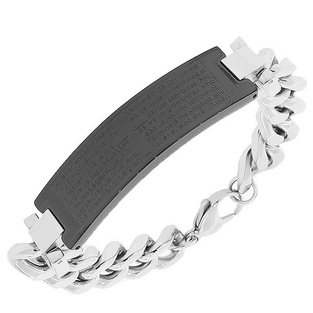 Stainless Steel Black Silver-Tone Religious Cross English Lord's Prayer Men's Bracelet