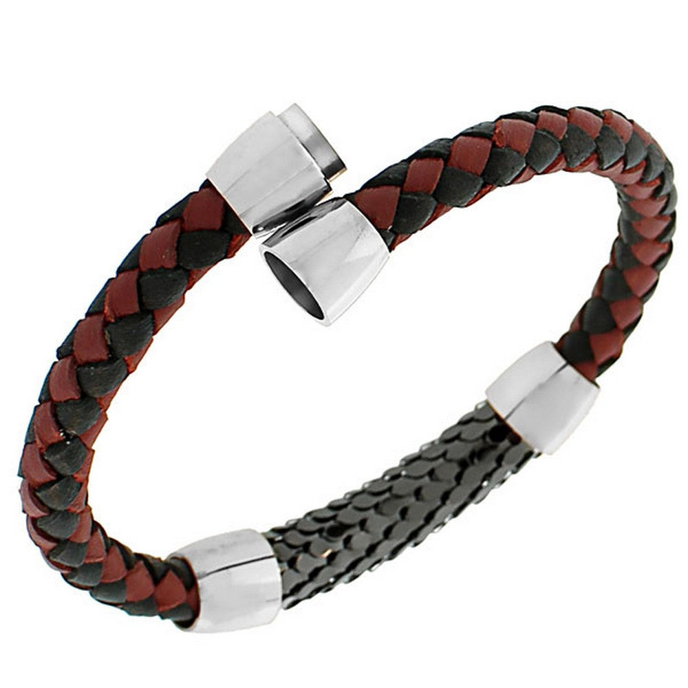 Stainless Steel Leather Red Black Silver-Tone Braided Men's Bracelet