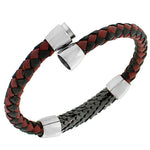 Stainless Steel Leather Red Black Silver-Tone Braided Men's Bracelet