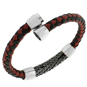 Stainless Steel Leather Red Black Silver-Tone Braided Men's Bracelet