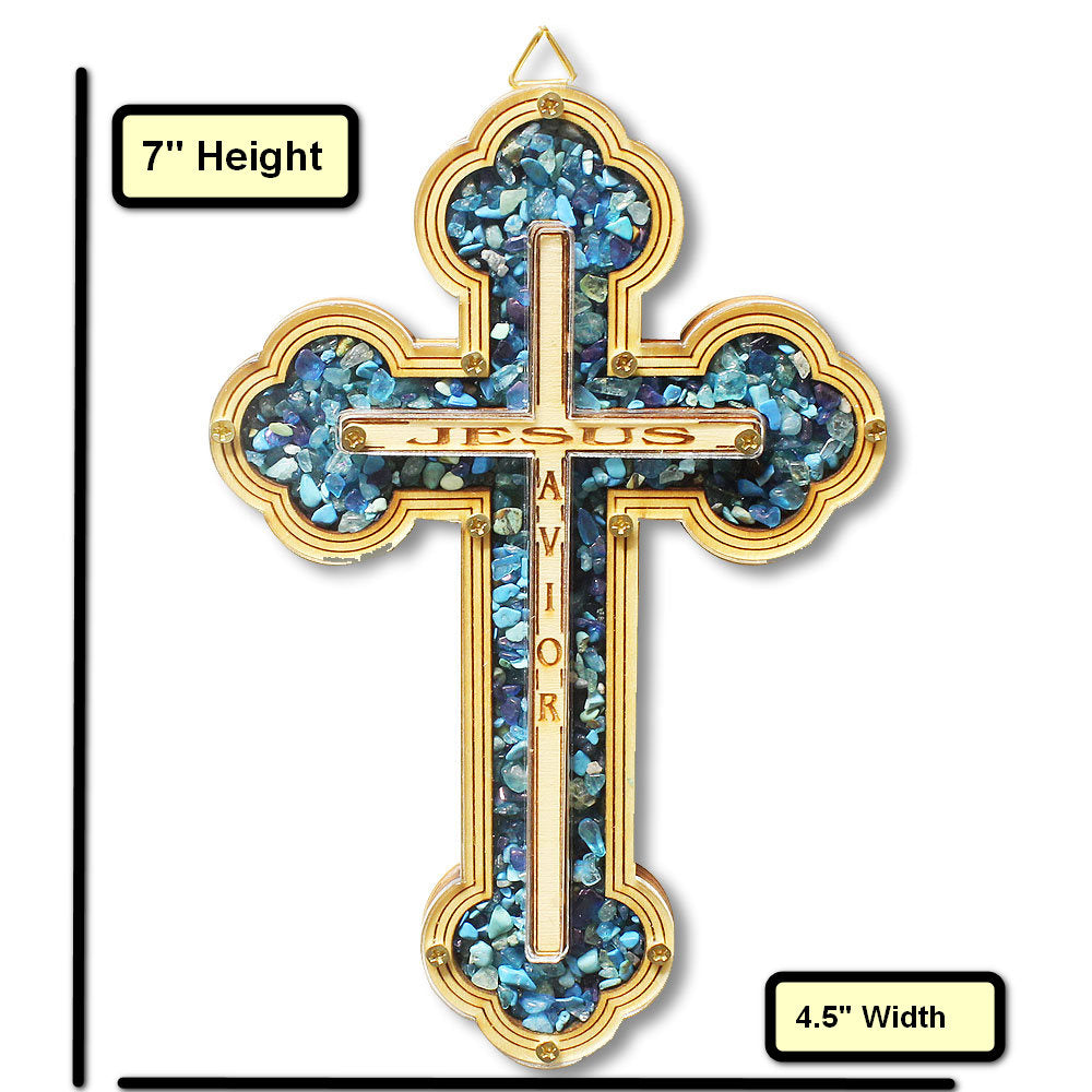 Wooden Christian Cross Jesus Savior Simulated Gemstones Turquoise Wall Decor - Made in Israel
