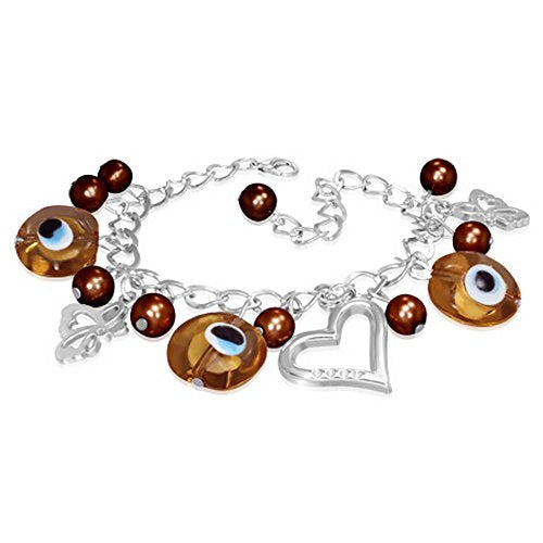Fashion Alloy Brown Evil Eye Beads Ball Heart Butterfly Charm Womens Bracelet
