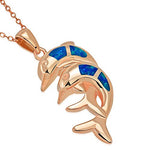 925 Sterling Silver Simulated Blue Opal Double Dolphin Charm Pendant Necklace