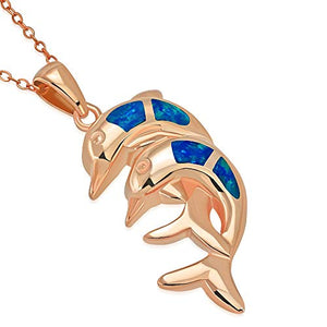 925 Sterling Silver Simulated Blue Opal Double Dolphin Charm Pendant Necklace