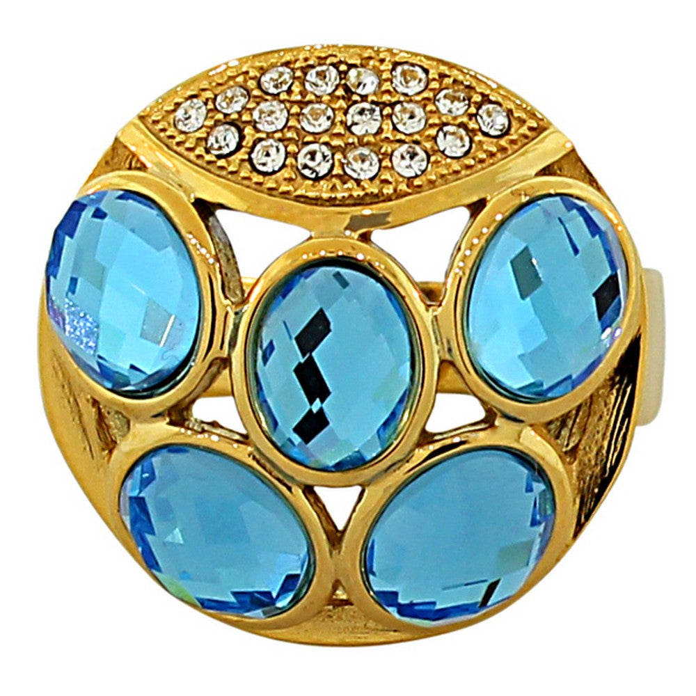 TECNO STEEL Stainless Steel Yellow Gold-Tone White Blue Aquamarine-Tone CZ Ring
