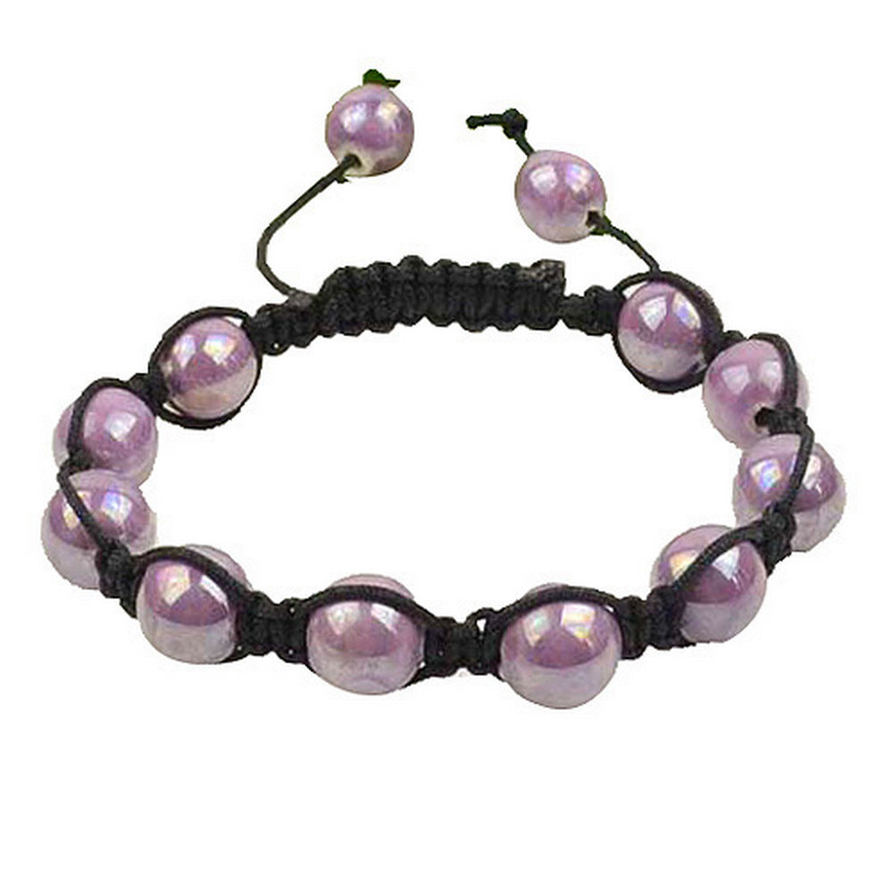 Light Purple Violet Beads Black Cord Macrame Beaded Bracelet