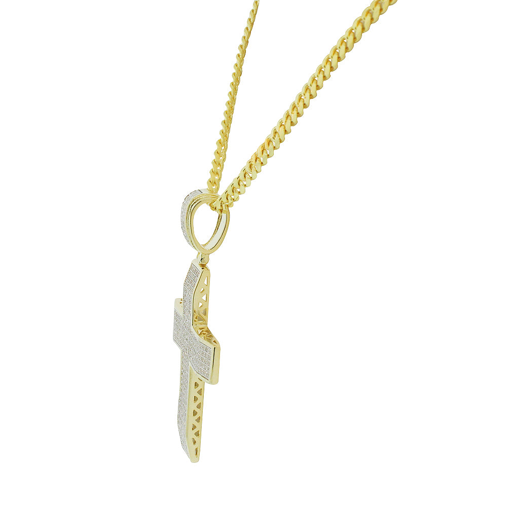 925 Sterling Silver Yellow Gold-Tone Clear CZ Large Hip-Hop Statement Cross Pendant Necklace