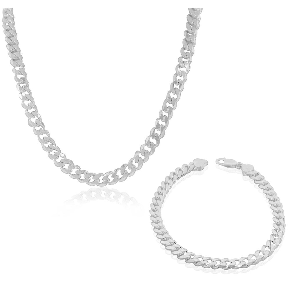 Classic Curb Necklace Bracelet 925 Sterling Silver Mens Set - Made in Italy, 24" and 9"