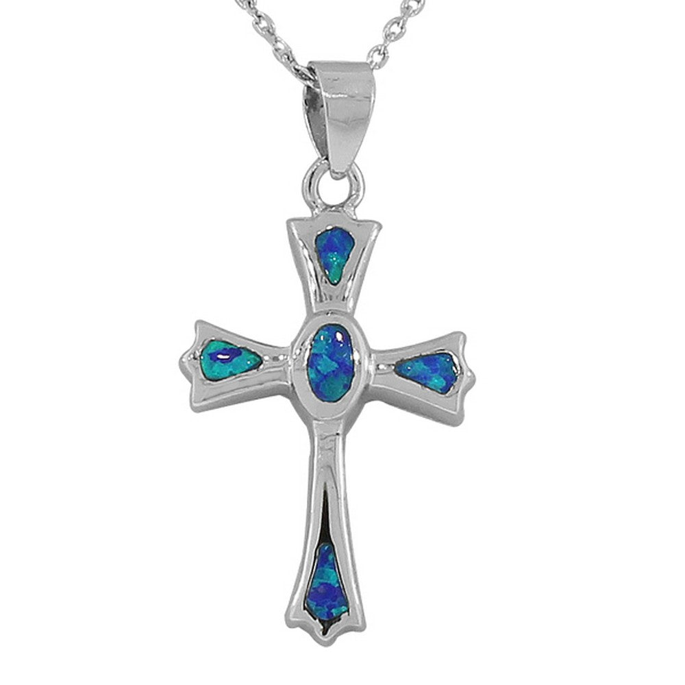 925 Sterling Silver Religious Cross Blue Turquoise-Tone Simulated Simulated Opal Pendant Necklace