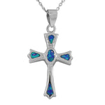 925 Sterling Silver Religious Cross Blue Turquoise-Tone Simulated Simulated Opal Pendant Necklace