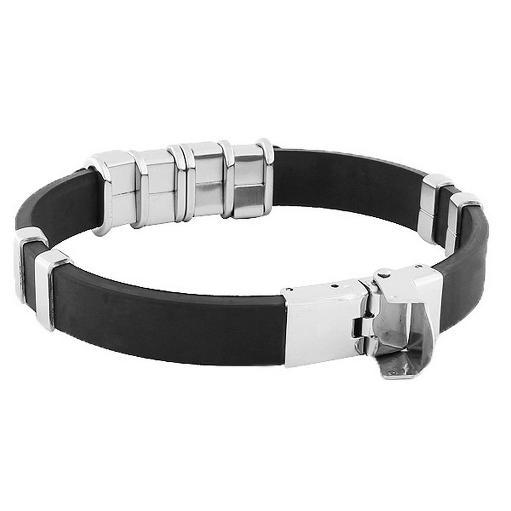 Stainless Steel Black Rubber Silicone Silver-Tone Screws Mens Bracelet with Clasp