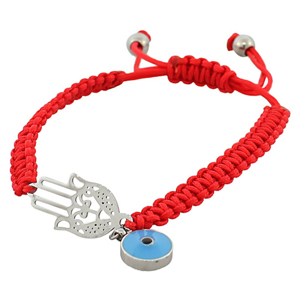 Stainless Steel Red Blue Silver-Tone Hamsa Macrame Adjustable Bracelet