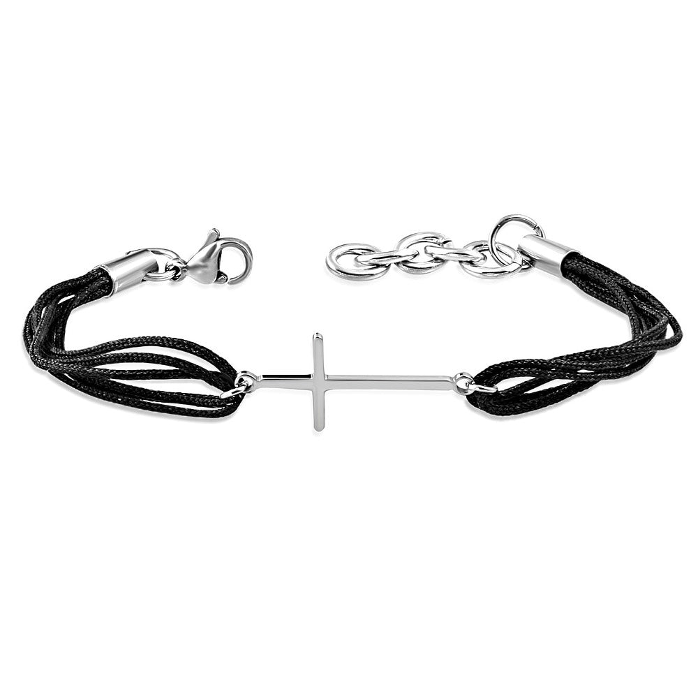 Stainless Steel Silver Black Cord Religious Cross Bracelet