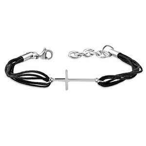 Stainless Steel Silver-Tone Black Cord Religious Cross Bracelet
