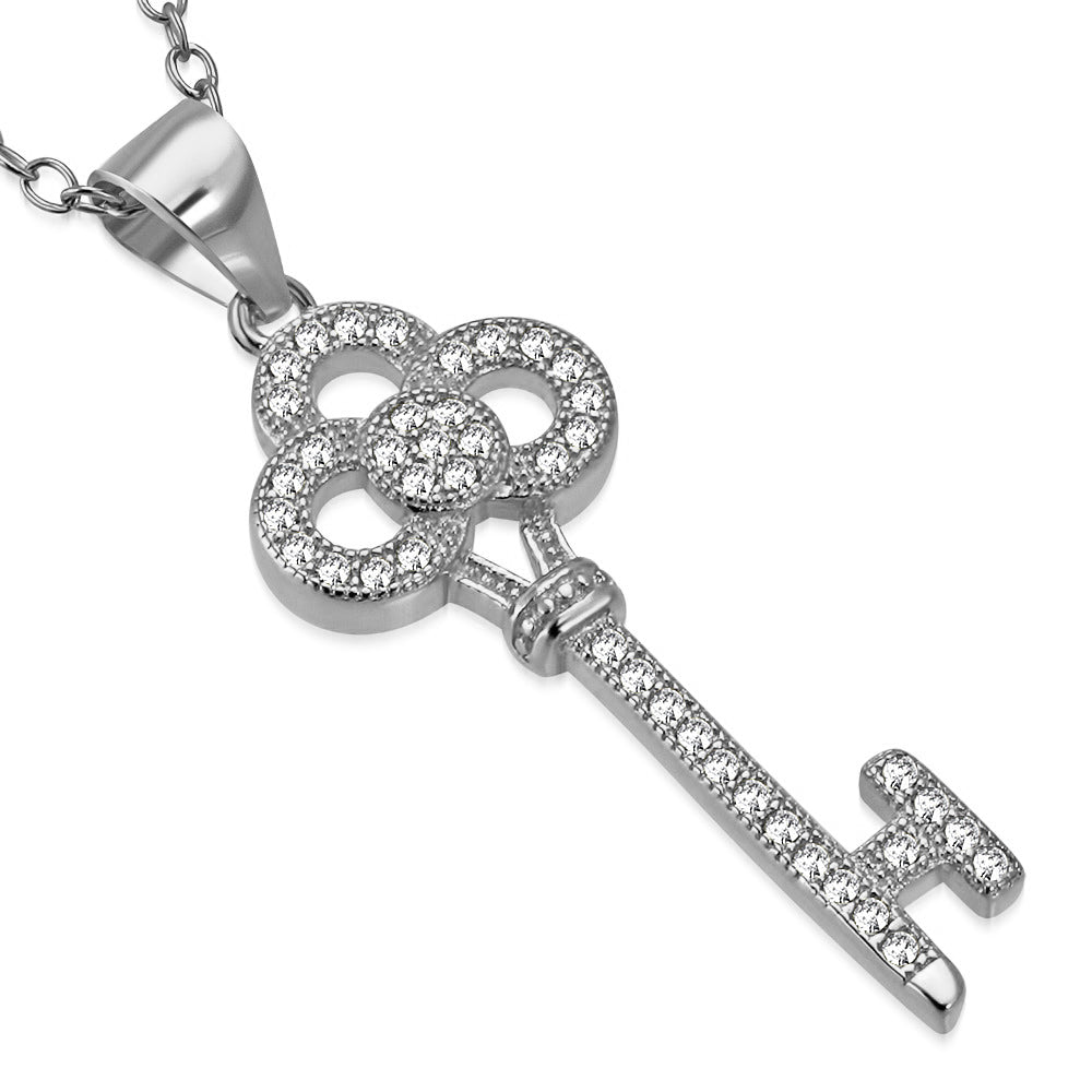 925 Sterling Silver White Clear CZ Key Pendant Necklace, 18"