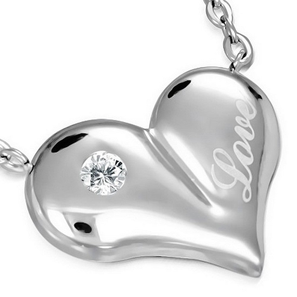 Stainless Steel Silver-Tone White CZ Love Heart Womens Girls Pendant Necklace