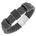 Stainless Steel Black Leather Silver-Tone Black CZ Men's Bracelet