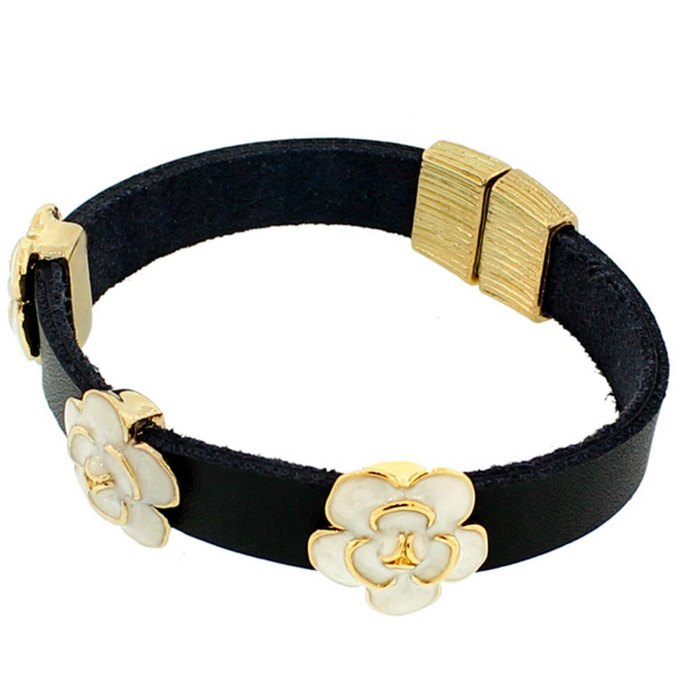 Fashion Alloy Black Leather Gold-Tone White Flowers Floral Design Wristband Wrap Bracelet