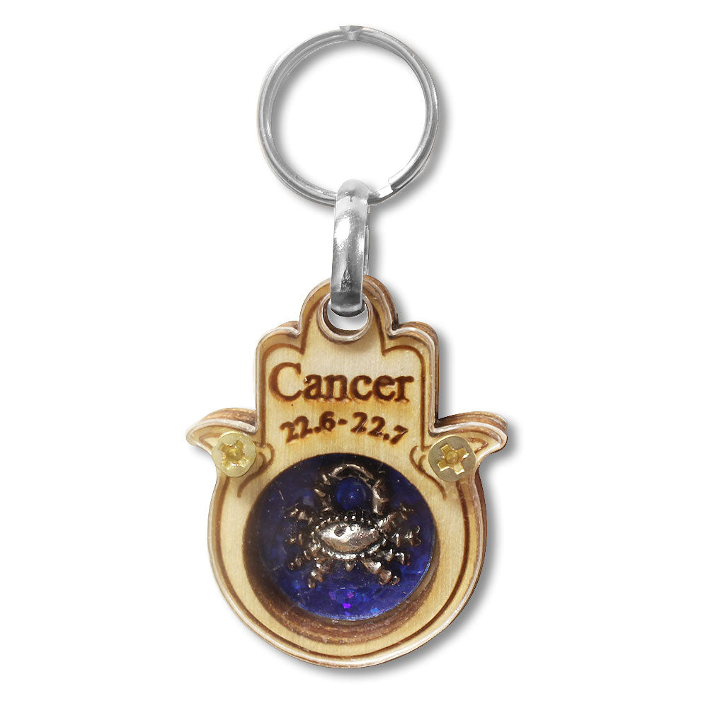 Wooden Good Luck Hamsa Hand Key Chain Keychain Zodiac Sign - Cancer - Made in Israel