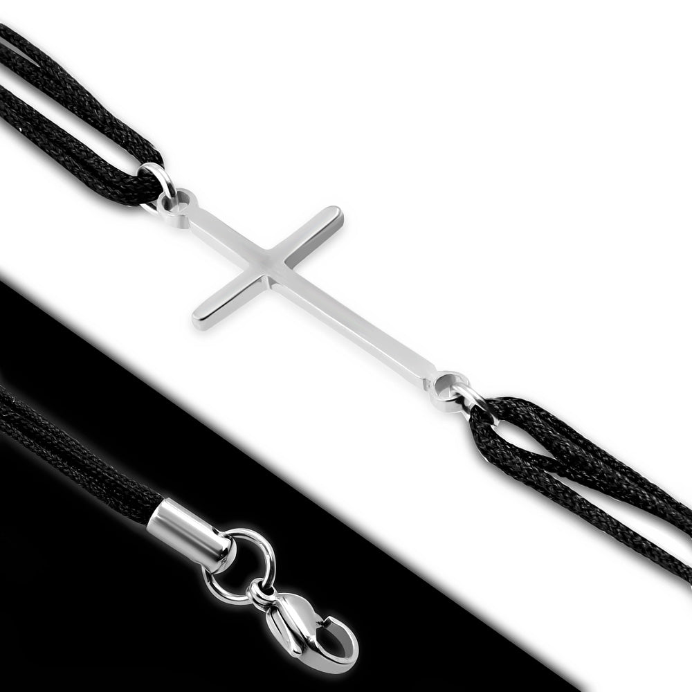 Stainless Steel Silver Black Cord Religious Cross Bracelet