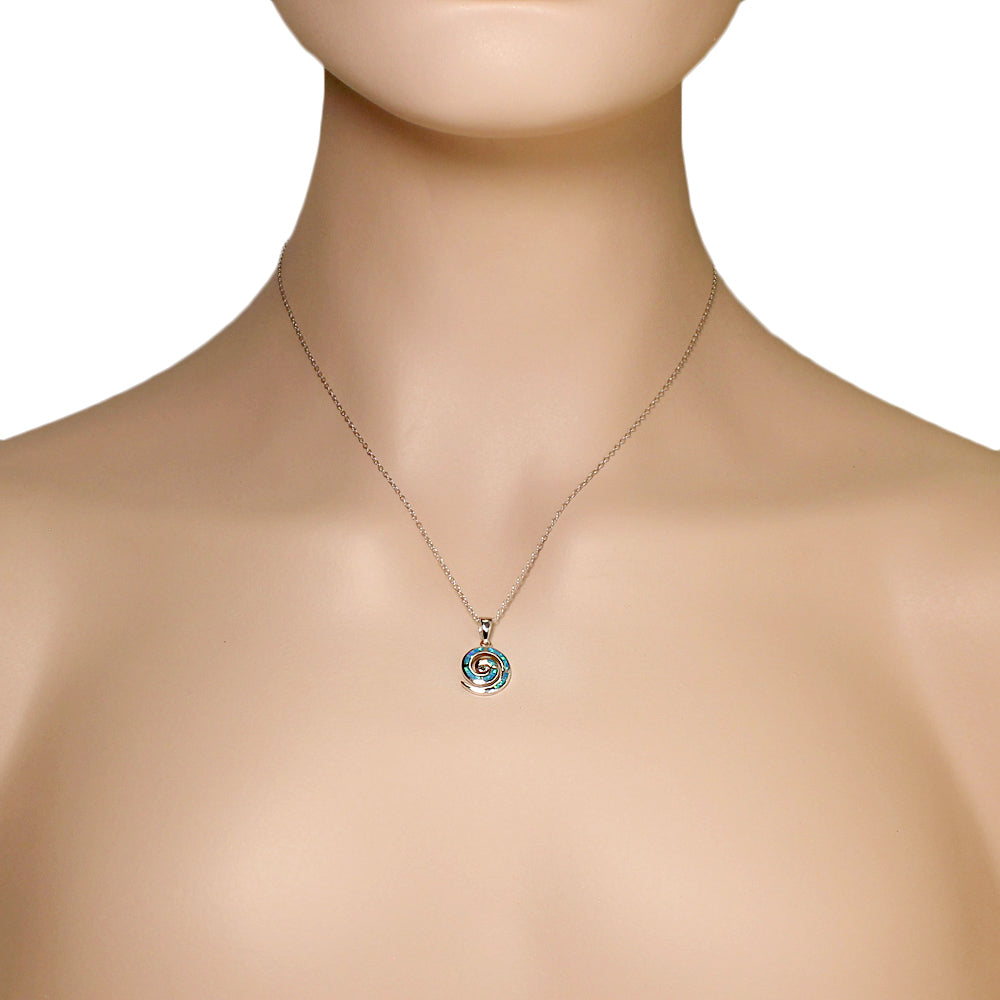 925 Sterling Silver Blue Turquoise-Tone Simulated Opal Whirlpool Pendant Necklace