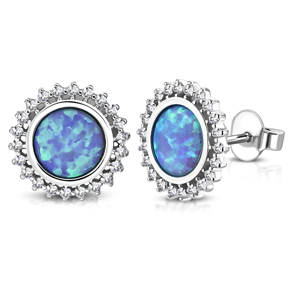 Sterling Silver White Clear CZ Blue Simulated Opal Flower Stud Earrings, 0.45"