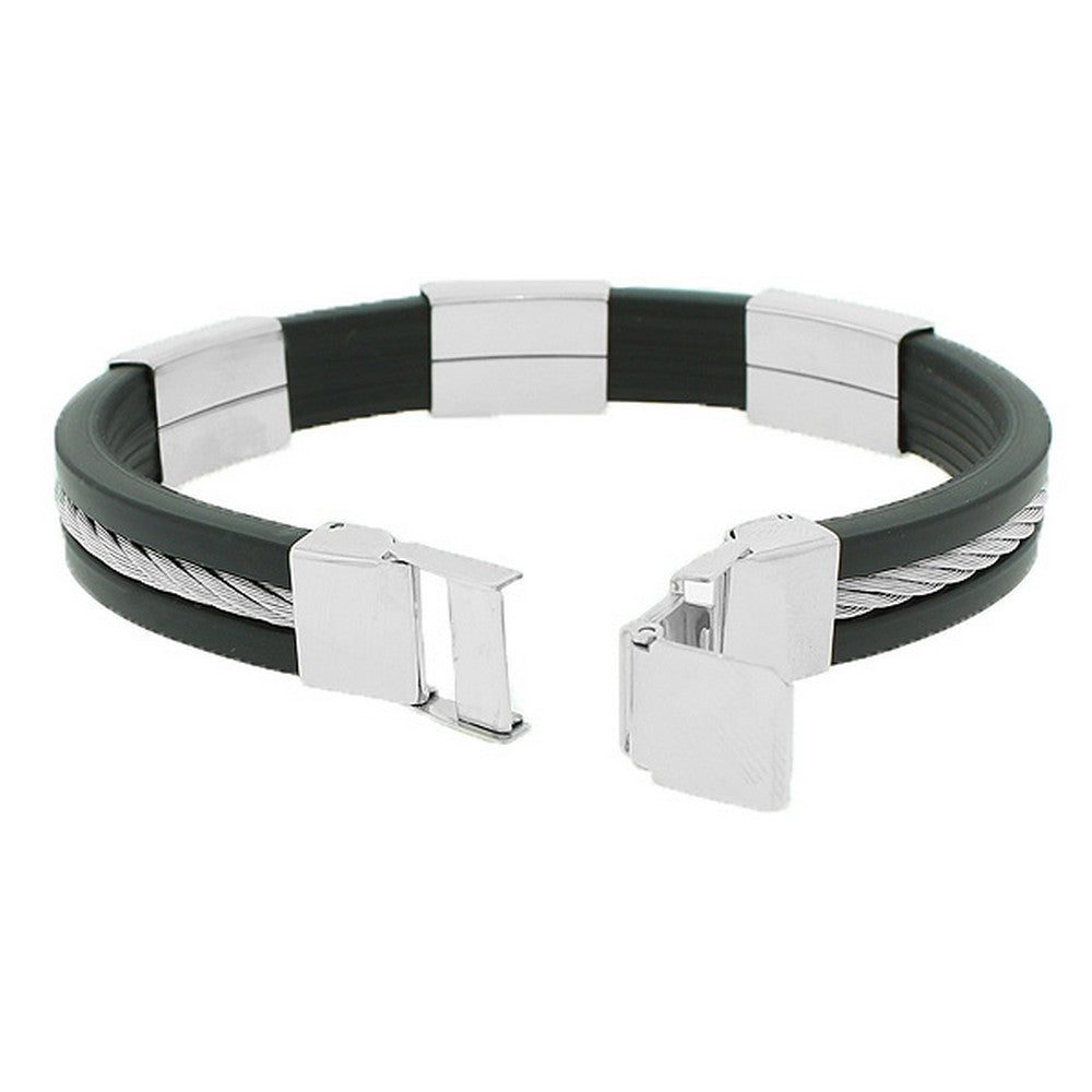 Stainless Steel Black Rubber Silicone Silver-Tone Twisted Cable Men's Bracelet