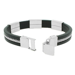 Stainless Steel Black Rubber Silicone Silver-Tone Twisted Cable Men's Bracelet