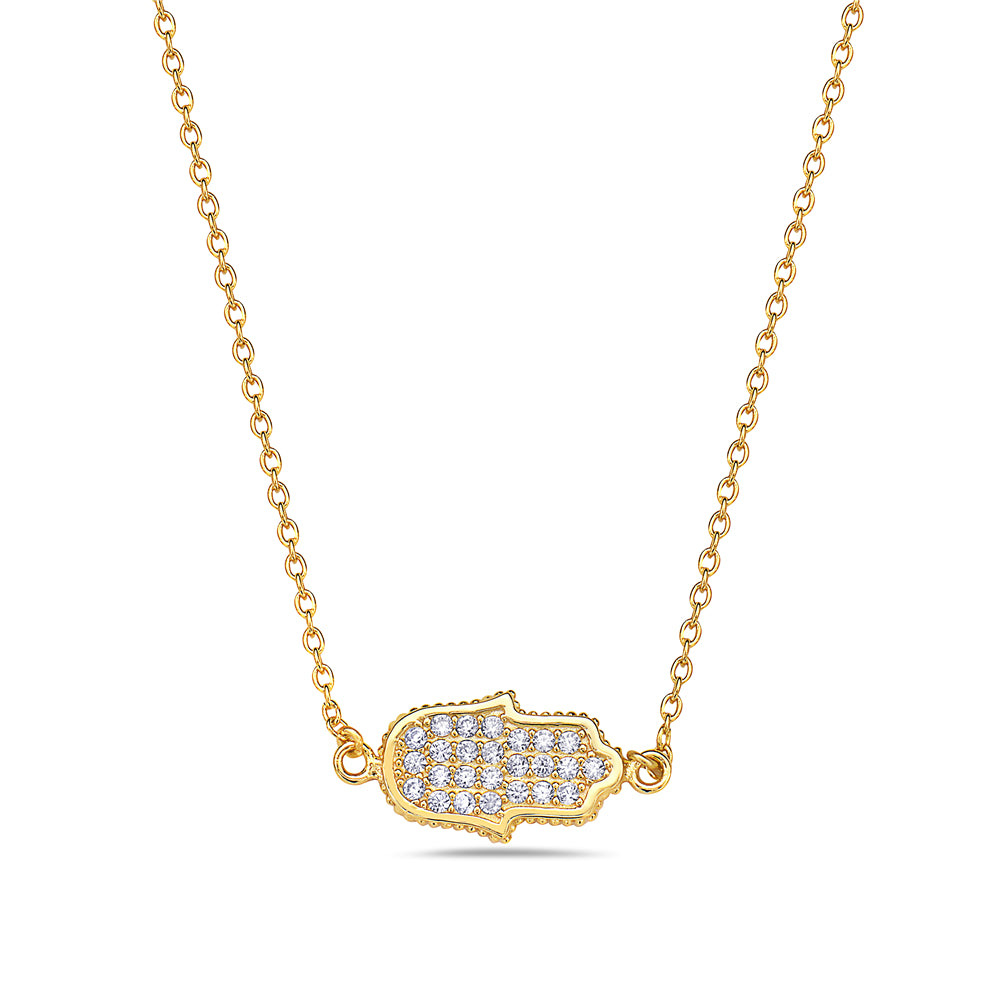 925 Sterling Silver Sideways Hamsa White CZ Pendant Necklace