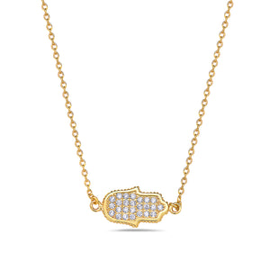 925 Sterling Silver Sideways Hamsa White CZ Pendant Necklace